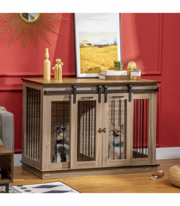 PawHut Dog Crate for Large Dogs, Double Dog Cage for Small Dog, Oak Tone