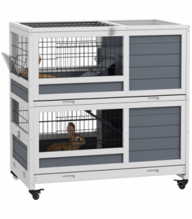 PawHut Double Deckers Indoor Rabbit Hutch w/ Feeding Trough, Slide-Out Trays