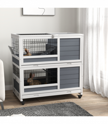 PawHut Double Deckers Indoor Rabbit Hutch w/ Feeding Trough, Slide-Out Trays