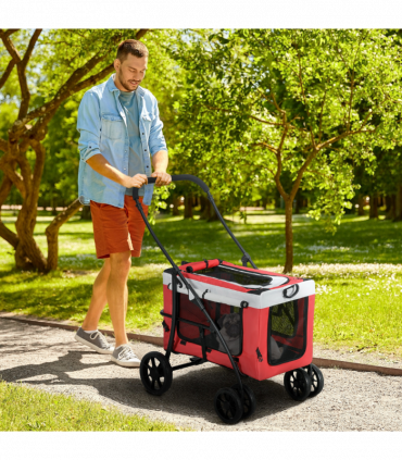 PawHut Foldable Pet Stroller w/ Detachable Carrier, Soft Padding - Red