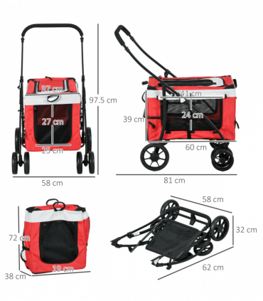 PawHut Foldable Pet Stroller w/ Detachable Carrier, Soft Padding - Red
