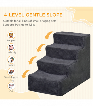 PawHut Four-Step Portable Dog Stairs with Washable Plush Cover, Dark Grey