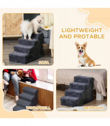 PawHut Four-Step Portable Dog Stairs with Washable Plush Cover, Dark Grey