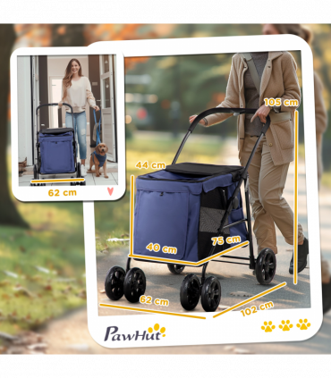 PawHut One-click Foldable Pet Stroller w/ Mesh Windows, for Small Pets - Blue