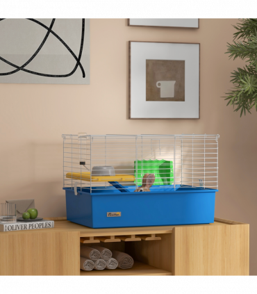 PawHut Small Animal Cage, Rabbit Guinea Pig Hutch, Pet Playhouse, Blue