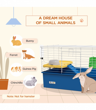 PawHut Small Animal Cage, Rabbit Guinea Pig Hutch, Pet Playhouse, Blue
