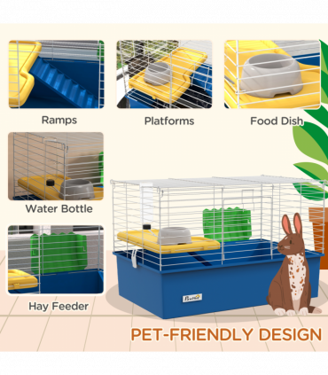 PawHut Small Animal Cage, Rabbit Guinea Pig Hutch, Pet Playhouse, Blue