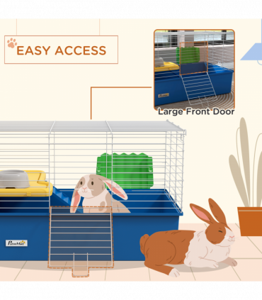 PawHut Small Animal Cage, Rabbit Guinea Pig Hutch, Pet Playhouse, Blue