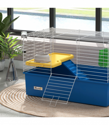 PawHut Small Animal Cage, Rabbit Guinea Pig Hutch, Pet Playhouse, Blue