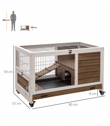 PawHut Wood Indoor Rabbit Hutch Elevated 2-Floor Guineas Pigs Cage w/ Wheels