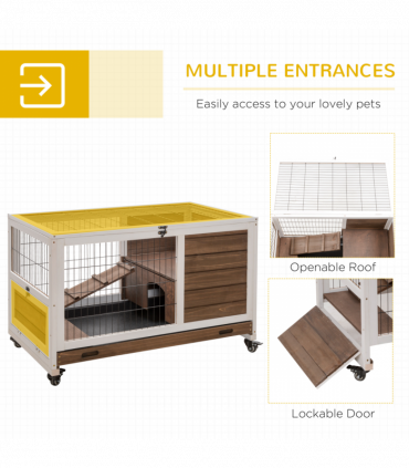 PawHut Wood Indoor Rabbit Hutch Elevated 2-Floor Guineas Pigs Cage w/ Wheels