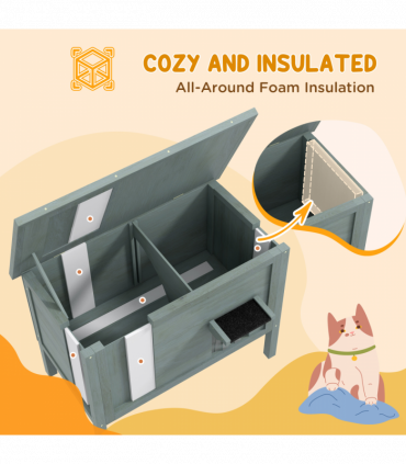 PawHut Outdoor Feral Cat House Insulated w/ Openable Roof - Charcoal Grey
