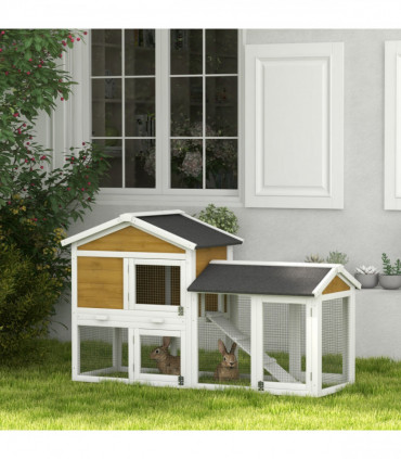 Pawhut 2-Tier Wooden Rabbit Bunny Guinea Pig Hutch Small Pet House Ramp