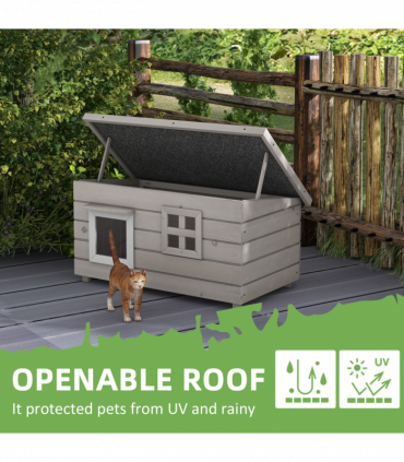 Pawhut Wooden Cat House Outdoor with Openable Top, Asphalt Roof, Window Grey