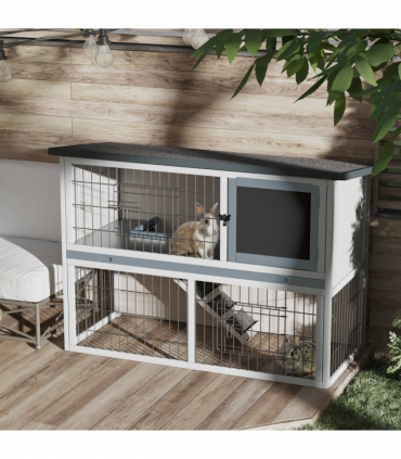 Rabbit Hutch and Run w/ Removable Tray Openable Top for Indoors & Outdoors Grey