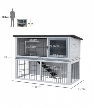 Rabbit Hutch and Run w/ Removable Tray Openable Top for Indoors & Outdoors Grey