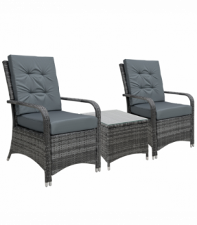 Rattan 3PCs Chair Table Bistro Set Patio Set w/ Steel Frame Grey