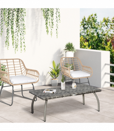 Rattan Coffee Table, Patio Wicker Table with All-Weather Grey