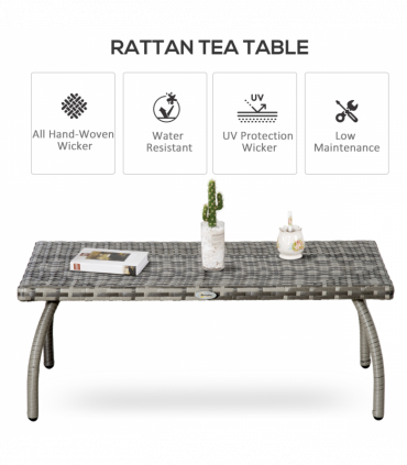 Rattan Coffee Table, Patio Wicker Table with All-Weather Grey