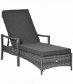 Rattan Single Sun Lounger Reclining Chair 4 Adjustable Backrest & Cushion Grey