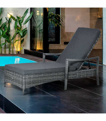 Rattan Single Sun Lounger Reclining Chair 4 Adjustable Backrest & Cushion Grey