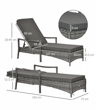Rattan Single Sun Lounger Reclining Chair 4 Adjustable Backrest & Cushion Grey