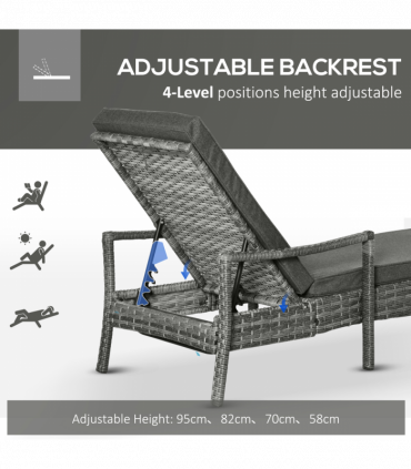 Rattan Single Sun Lounger Reclining Chair 4 Adjustable Backrest & Cushion Grey