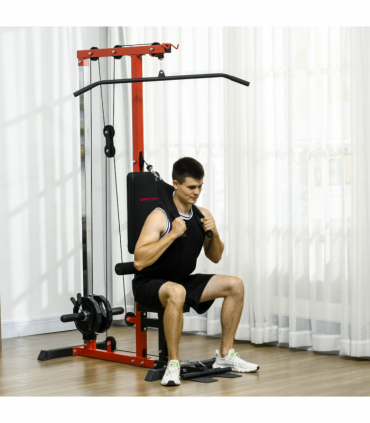 SPORTNOW Pull Up Station Power Cage with Adjustable Seat, Home Gym - Red