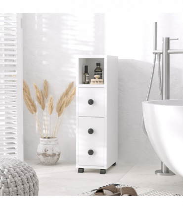 Slimline Bathroom Storage Unit w/ 2 Drawers 2 Open Compartments Wheels White