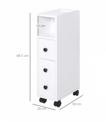 Slimline Bathroom Storage Unit w/ 2 Drawers 2 Open Compartments Wheels White