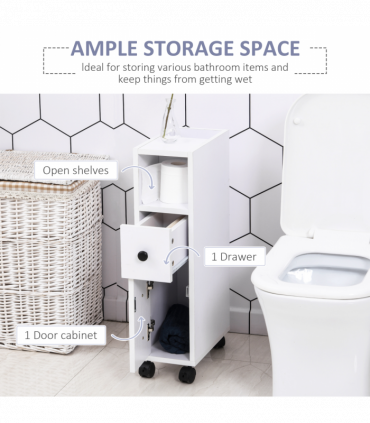 Slimline Bathroom Storage Unit w/ 2 Drawers 2 Open Compartments Wheels White