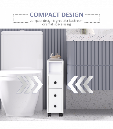 Slimline Bathroom Storage Unit w/ 2 Drawers 2 Open Compartments Wheels White