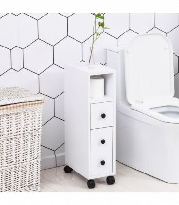 Slimline Bathroom Storage Unit w/ 2 Drawers 2 Open Compartments Wheels White