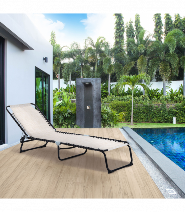 Sun Lounger Folding Chair Recliner & 4 Adjustable Backrest -  Cream & White