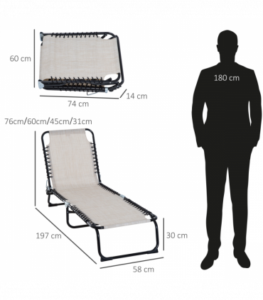 Sun Lounger Folding Chair Recliner & 4 Adjustable Backrest -  Cream & White