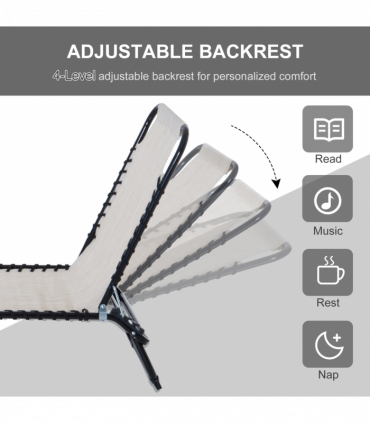 Sun Lounger Folding Chair Recliner & 4 Adjustable Backrest -  Cream & White