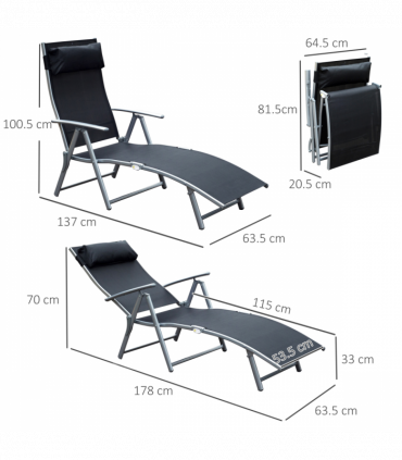 Sun Lounger Recliner Foldable 7 Levels Textilene Black Patio