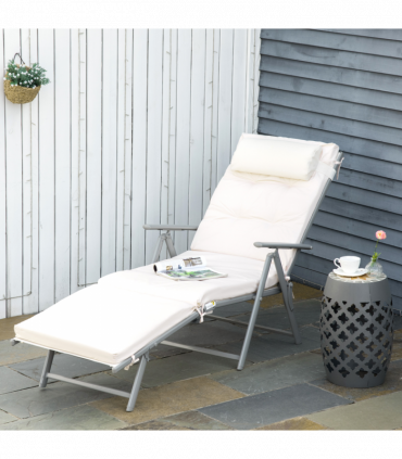 Sun Lounger Recliner Foldable Padded Seat Adjustable Texteline White