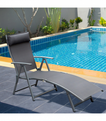 Sun Lounger Recliner w/ Pillow Foldable 7 Levels Textilene Grey
