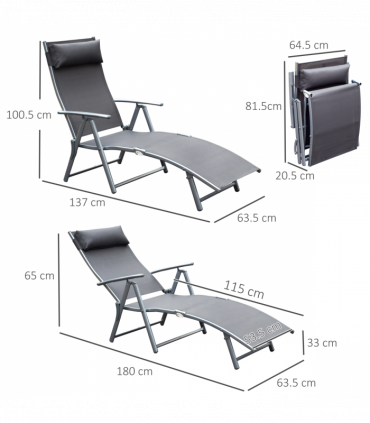 Sun Lounger Recliner w/ Pillow Foldable 7 Levels Textilene Grey