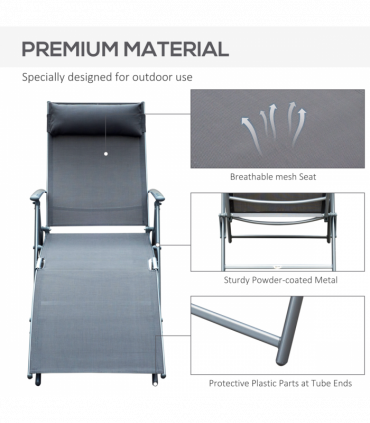 Sun Lounger Recliner w/ Pillow Foldable 7 Levels Textilene Grey