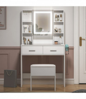 White, hemp surface particle board with triamine, 2 drawers and 4 shelves, dressing table set, LED three-color dimming touch mirror, with power strip, hair dryer holder, glass table top