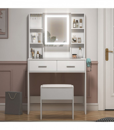 White, hemp surface particle board with triamine, 2 drawers and 4 shelves, dressing table set, LED three-color dimming touch mirror, with power strip, hair dryer holder, glass table top