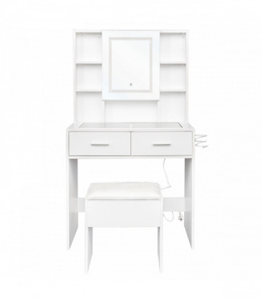 White, hemp surface particle board with triamine, 2 drawers and 4 shelves, dressing table set, LED three-color dimming touch mirror, with power strip, hair dryer holder, glass table top