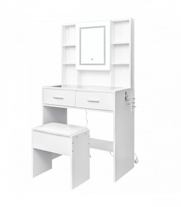 White, hemp surface particle board with triamine, 2 drawers and 4 shelves, dressing table set, LED three-color dimming touch mirror, with power strip, hair dryer holder, glass table top