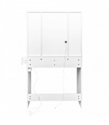 White, hemp surface particle board with triamine, 2 drawers and 4 shelves, dressing table set, LED three-color dimming touch mirror, with power strip, hair dryer holder, glass table top