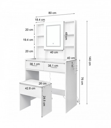 White, hemp surface particle board with triamine, 2 drawers and 4 shelves, dressing table set, LED three-color dimming touch mirror, with power strip, hair dryer holder, glass table top