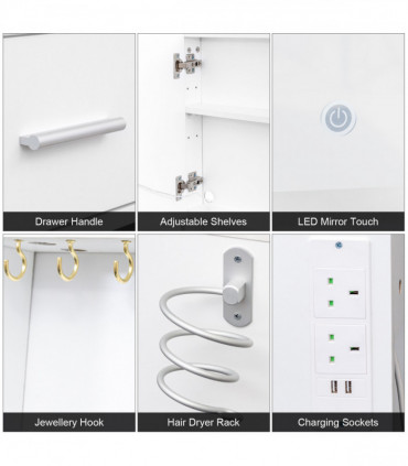 White, hemp surface particle board with triamine, 2 drawers and 4 shelves, dressing table set, LED three-color dimming touch mirror, with power strip, hair dryer holder, glass table top