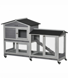 Wooden Rabbit Hutch, Guinea Pig Cage w/ Wheels, Slide-Out Tray, Ramp Light Grey