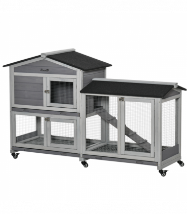Wooden Rabbit Hutch, Guinea Pig Cage w/ Wheels, Slide-Out Tray, Ramp Light Grey